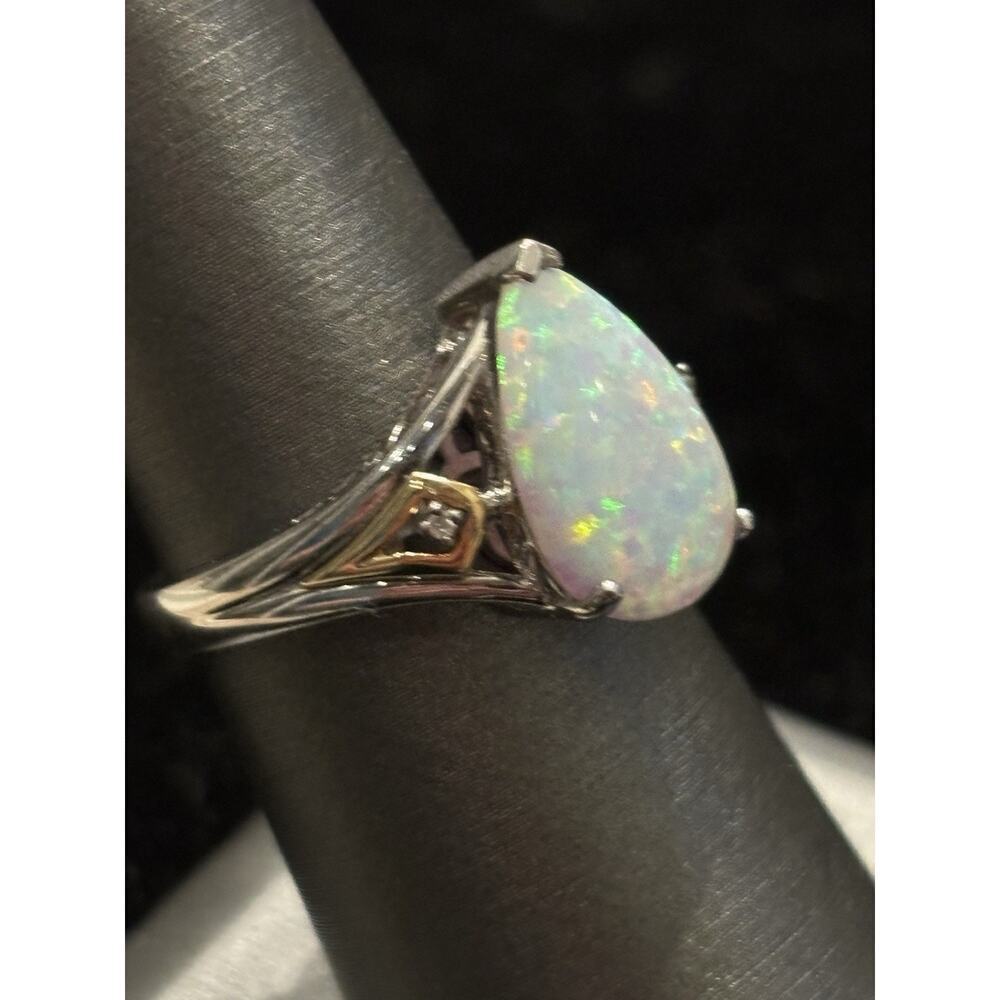 Sterling Silver 14k Simulated Opal & Diamond Ring Sz 7 925 - Picture 3 of 9